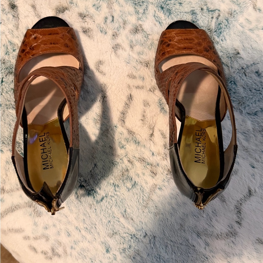 Michael Kors Brown Textured Peep-Toe Slingback Heels